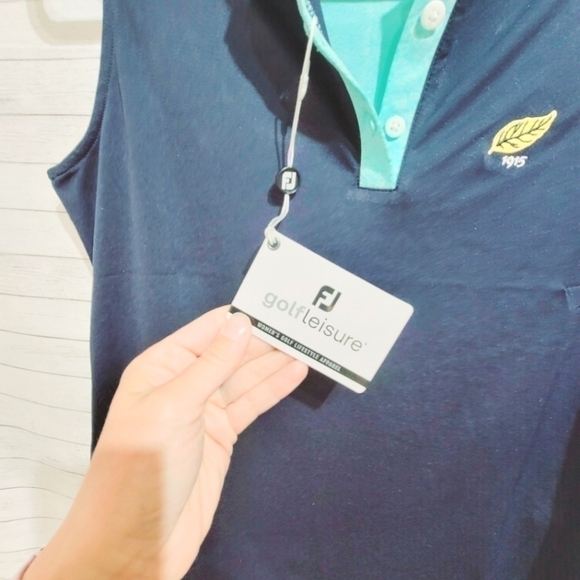 FOOTJOY SLEEVELESS JACQUARD BACK GOLF POLO SZ SMALL NAVY & AQUA - Picture 5 of 15
